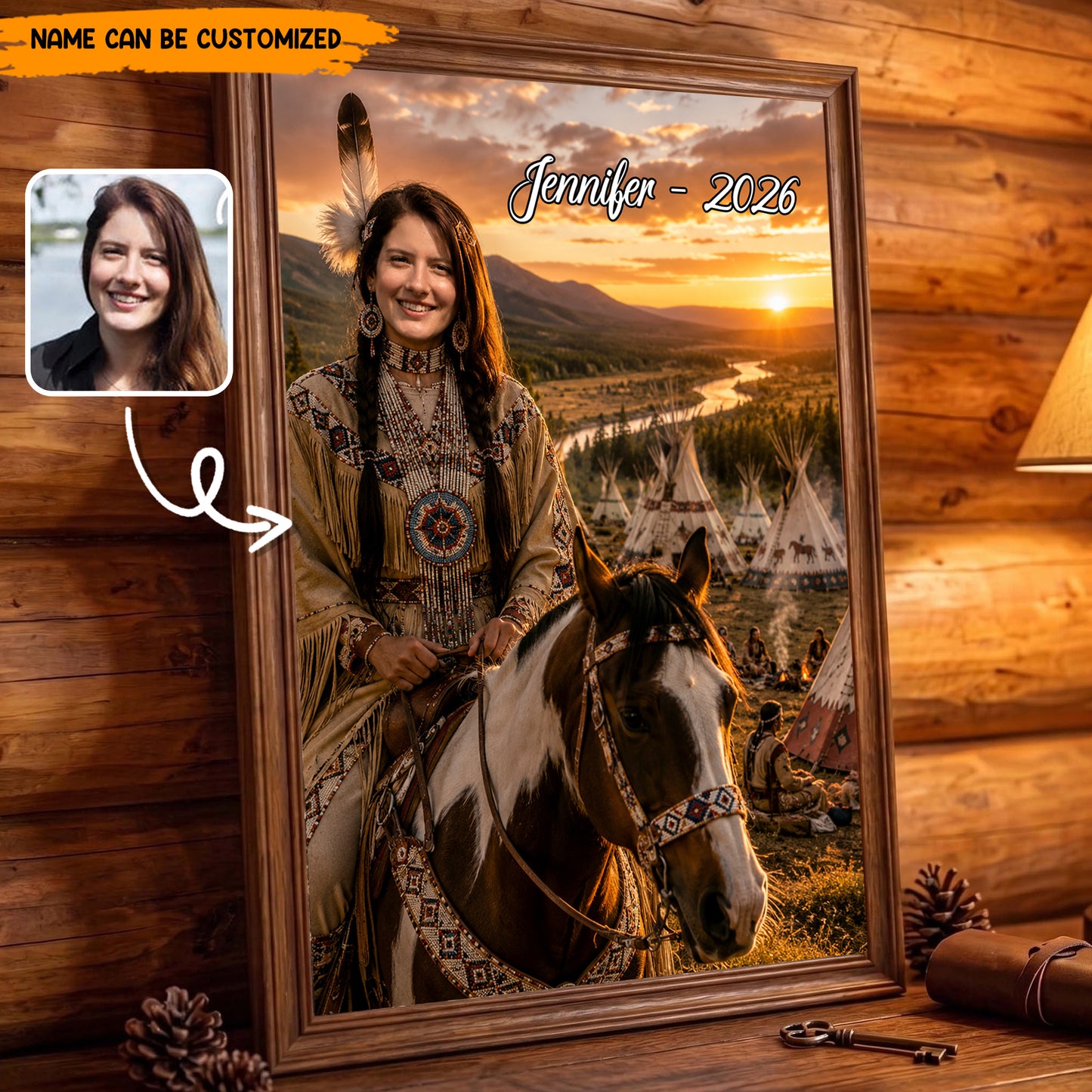 Personalized Native American Portrait, Custom Photo to Native Woman Riding Horse Poster & Canvas