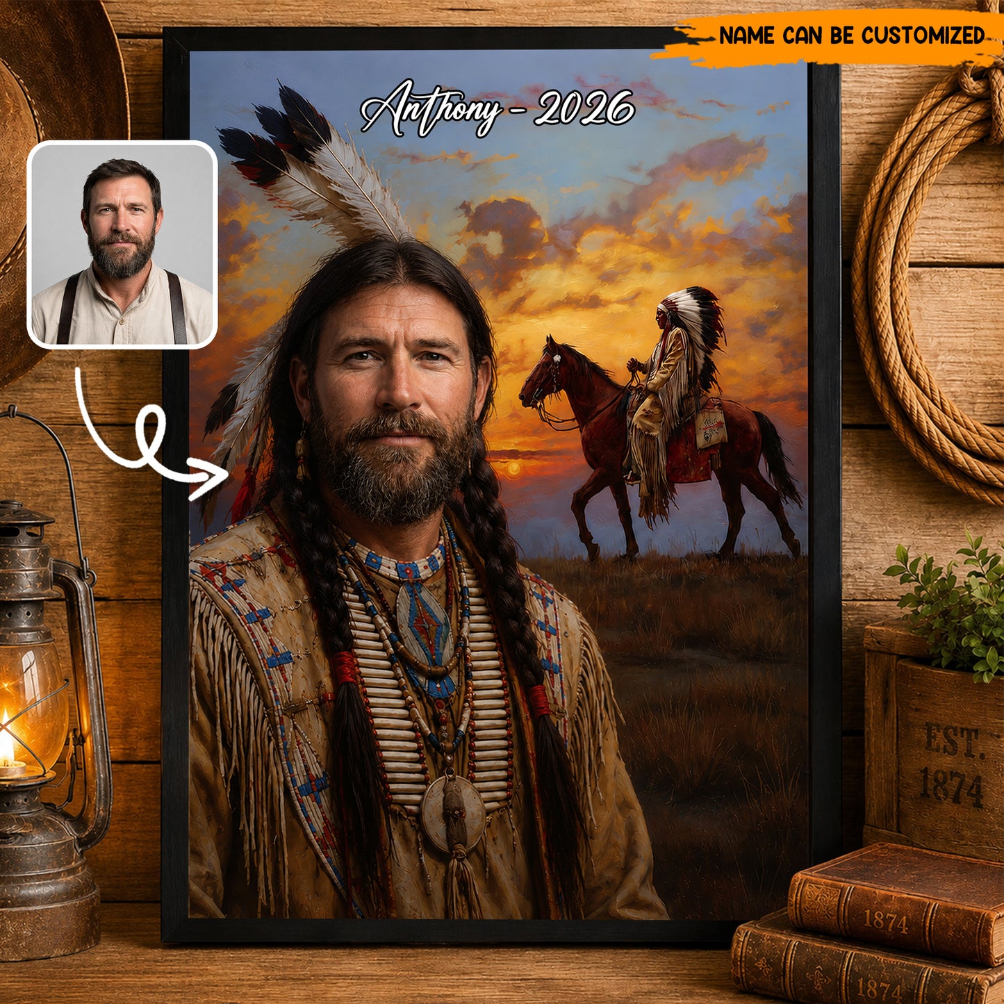 Custom Native American Portrait from Photo – Personalized Poster & Canvas Print for Men