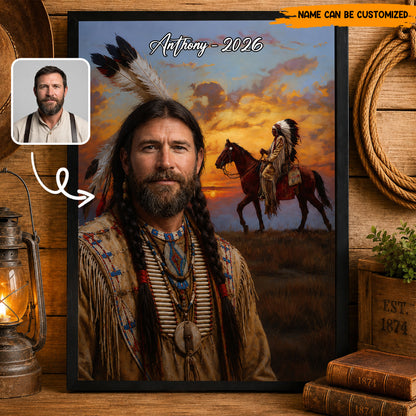 Custom Native American Portrait from Photo – Personalized Poster & Canvas Print for Men