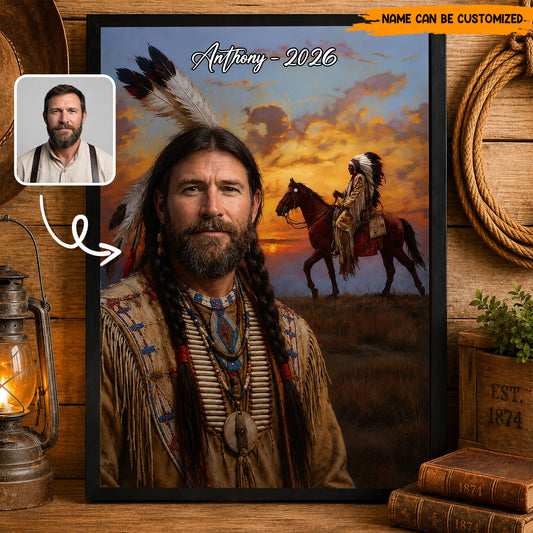 Custom Native American Portrait from Photo – Personalized Poster & Canvas Print for Men