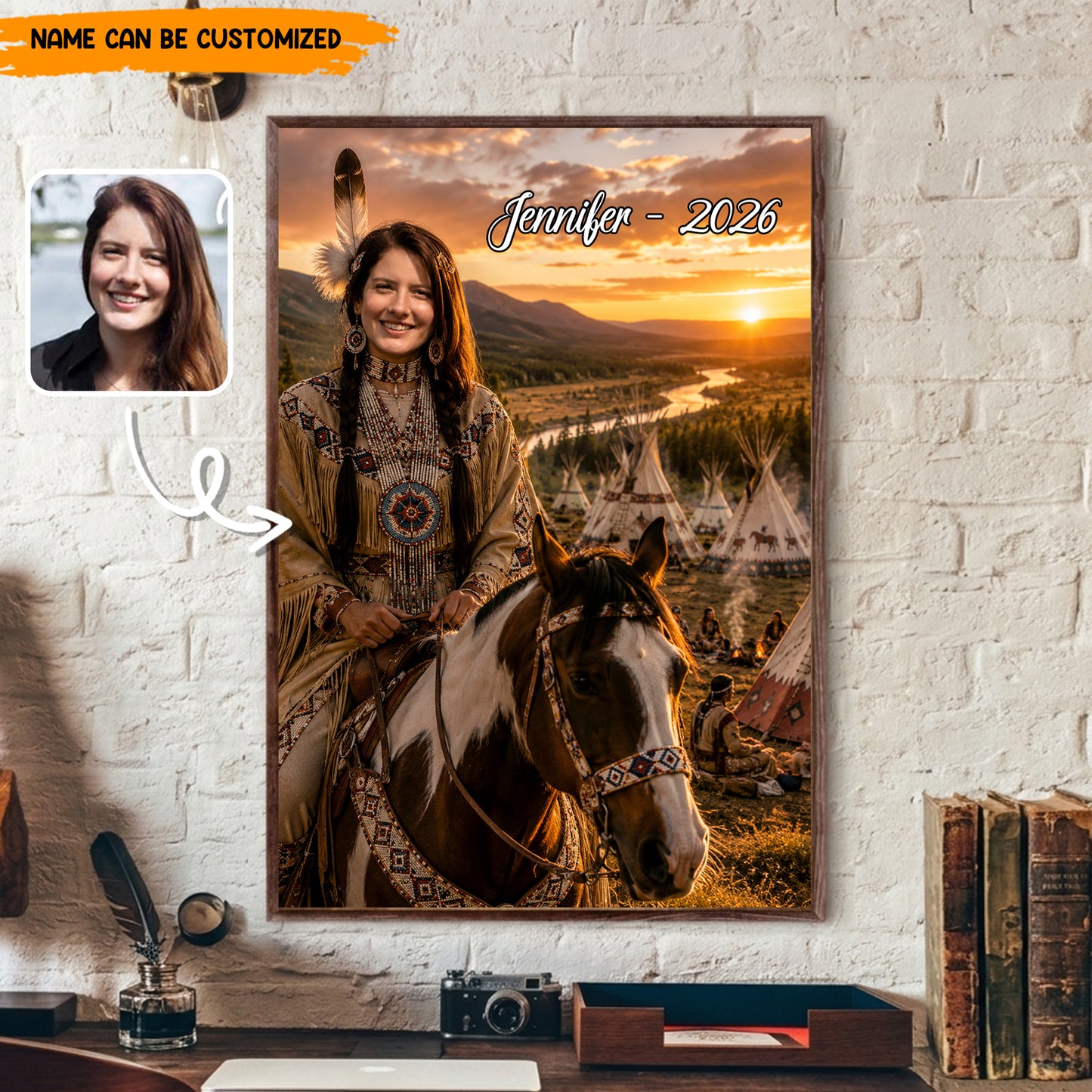 Personalized Native American Portrait, Custom Photo to Native Woman Riding Horse Poster & Canvas