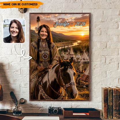 Personalized Native American Portrait, Custom Photo to Native Woman Riding Horse Poster & Canvas