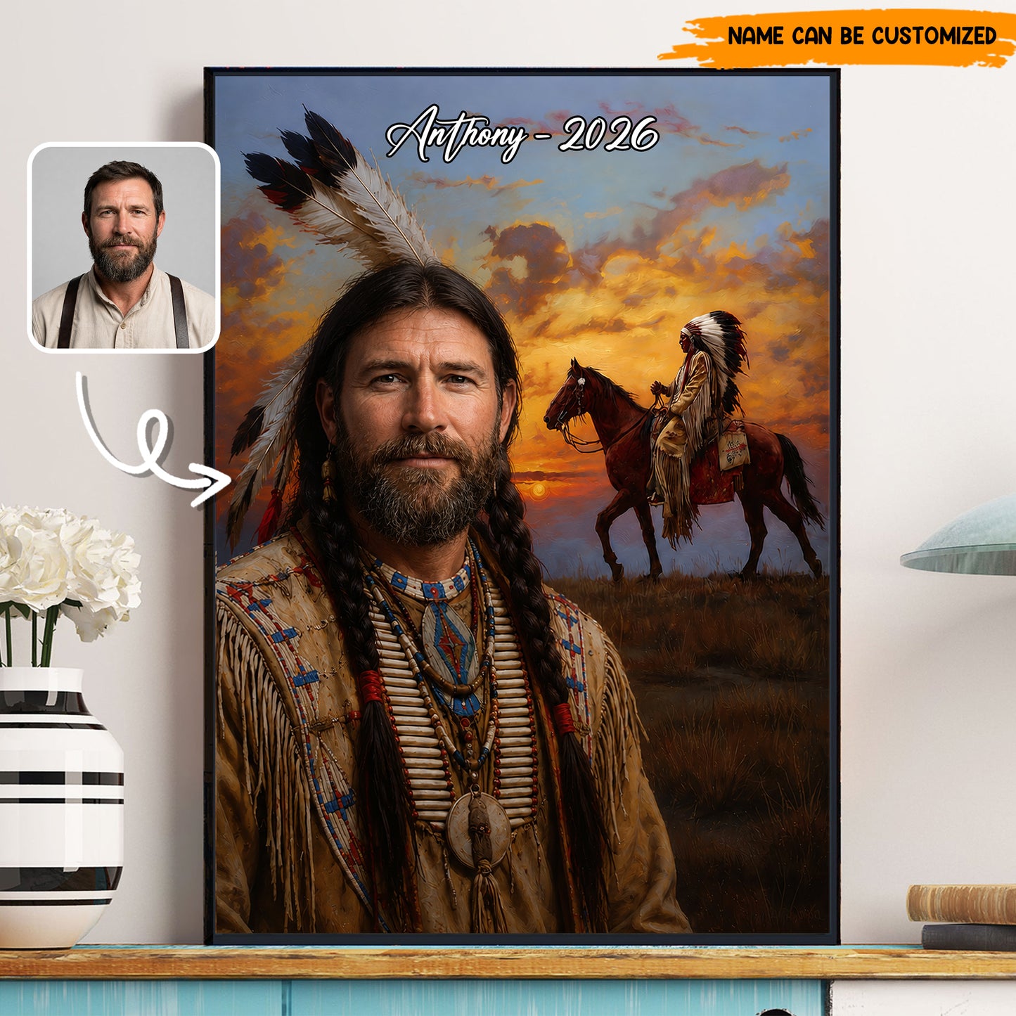 Custom Native American Portrait from Photo – Personalized Poster & Canvas Print for Men