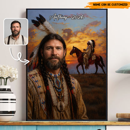 Custom Native American Portrait from Photo – Personalized Poster & Canvas Print for Men