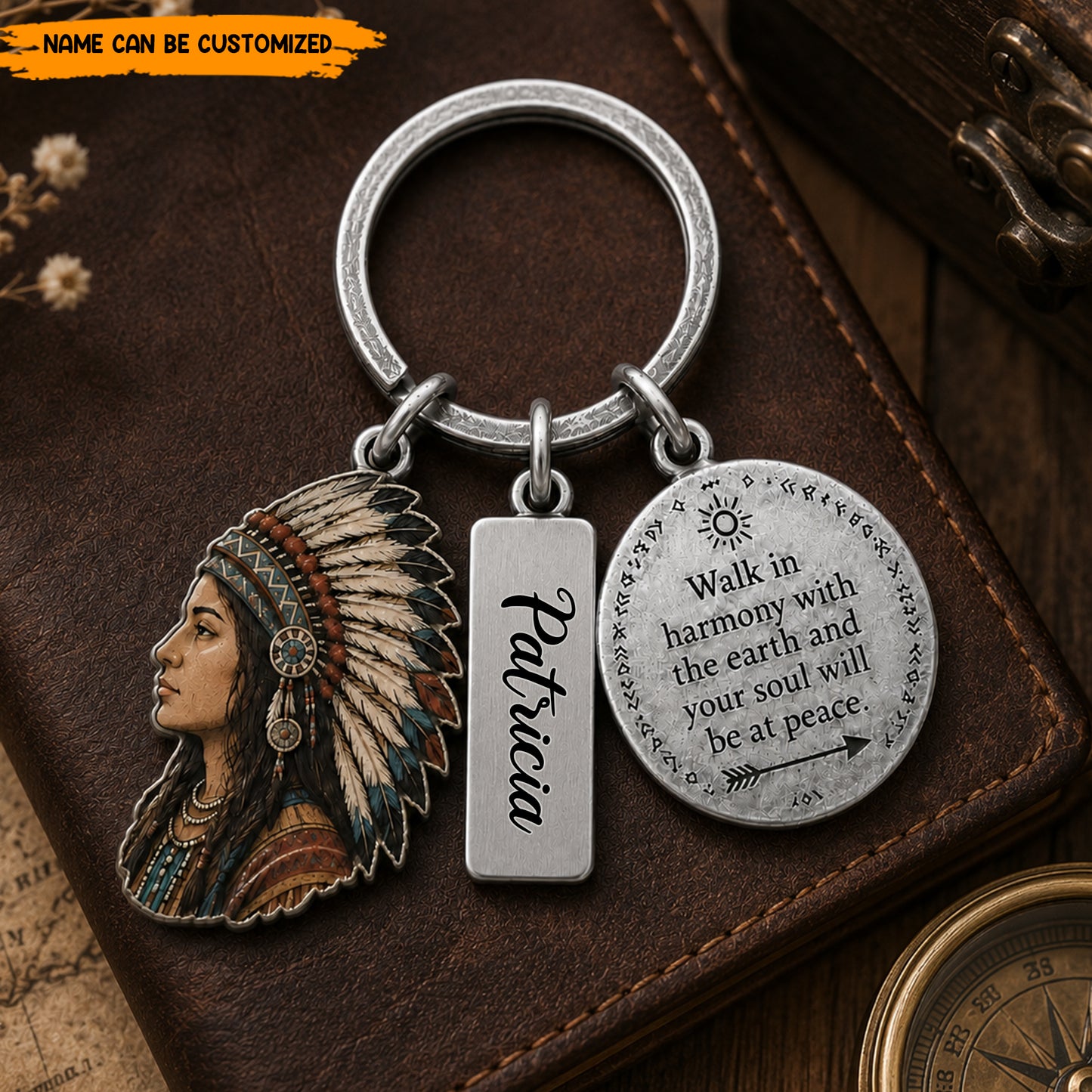 Personalized Native American Keychain, Custom Name Engraved Quote Keyring, Spiritual Chief Headdress Pendant Gift for Him