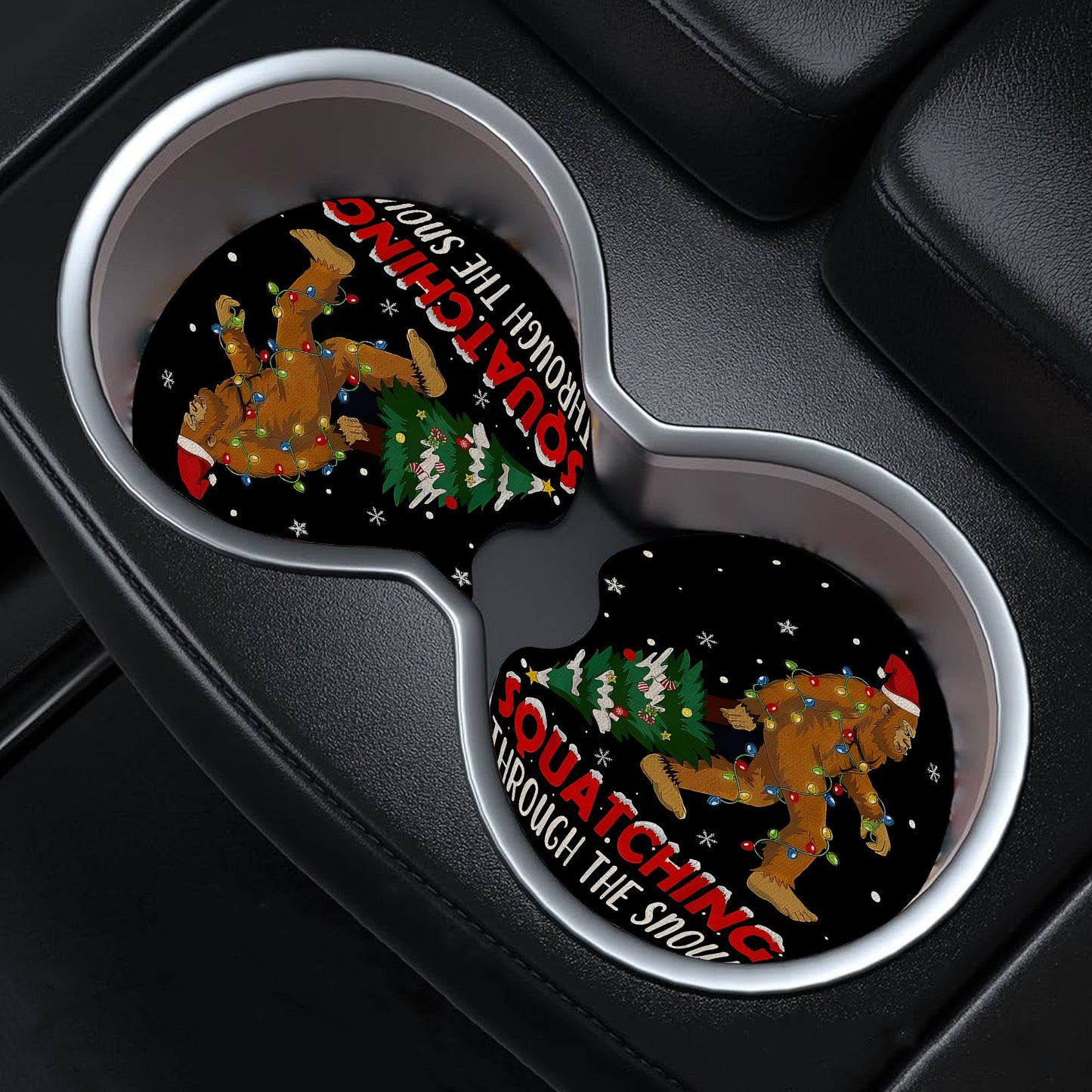 Funny Sasquatch & Christmas Tree Car Coaster