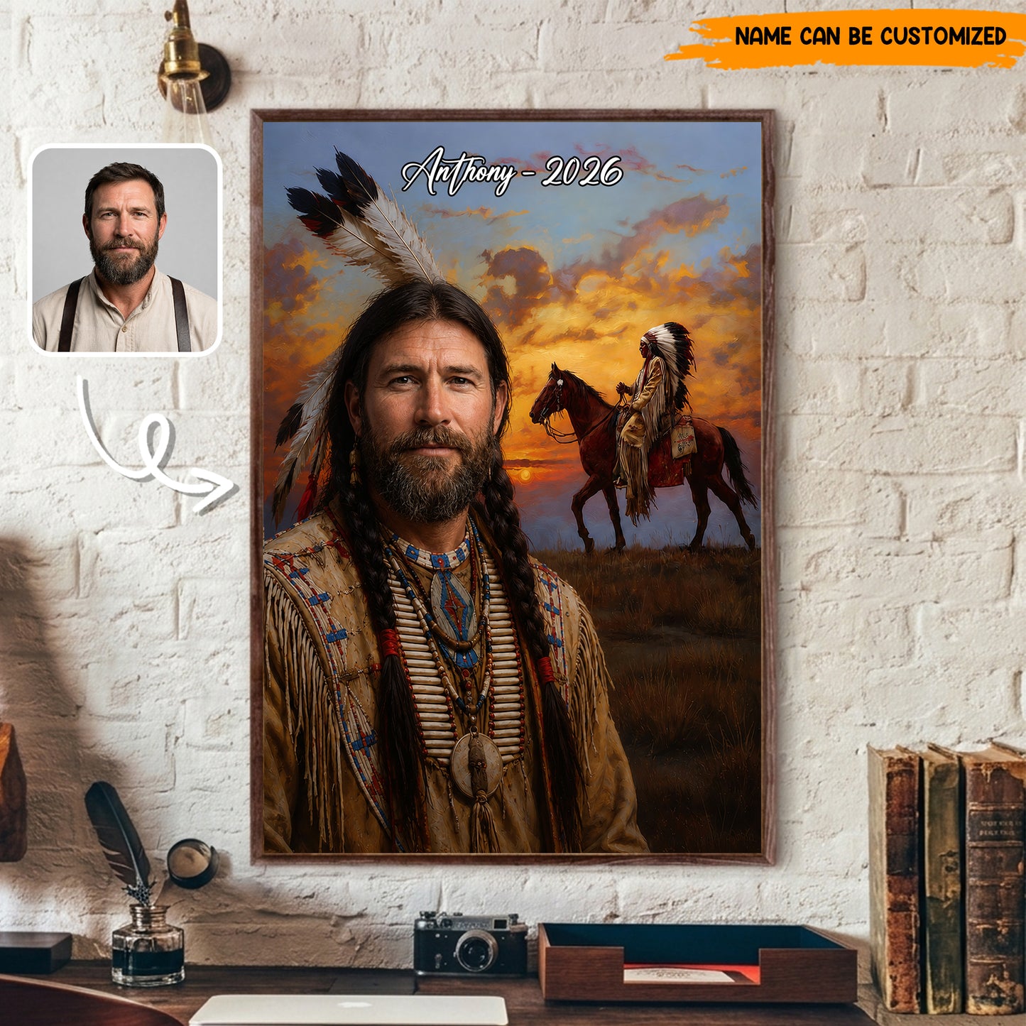 Custom Native American Portrait from Photo – Personalized Poster & Canvas Print for Men