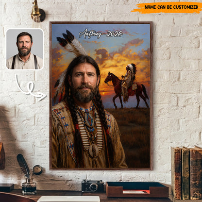 Custom Native American Portrait from Photo – Personalized Poster & Canvas Print for Men