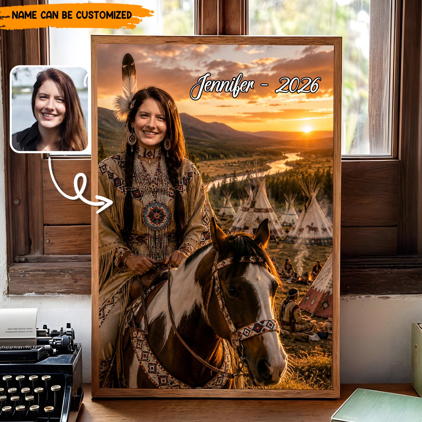Personalized Native American Portrait, Custom Photo to Native Woman Riding Horse Poster & Canvas