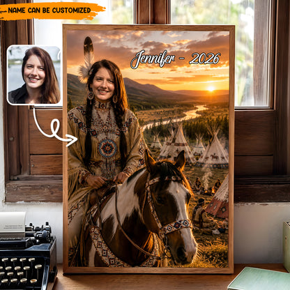 Personalized Native American Portrait, Custom Photo to Native Woman Riding Horse Poster & Canvas