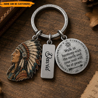 Personalized Native American Keychain, Custom Name Engraved Quote Keyring, Spiritual Chief Headdress Pendant Gift for Him
