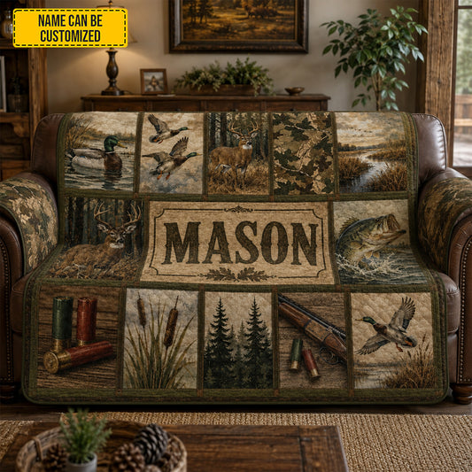 Custom Name Hunting & Fishing Sofa Cover, Personalized Wildlife Deer Mallard Bass Couch Slipcover