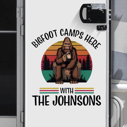 Vintage Bigfoot Camps Here - Personalized Family Name Bigfoot Decal