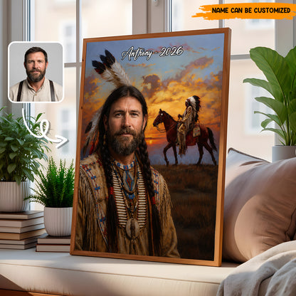 Custom Native American Portrait from Photo – Personalized Poster & Canvas Print for Men
