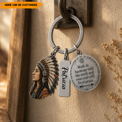 Personalized Native American Keychain, Custom Name Engraved Quote Keyring, Spiritual Chief Headdress Pendant Gift for Him