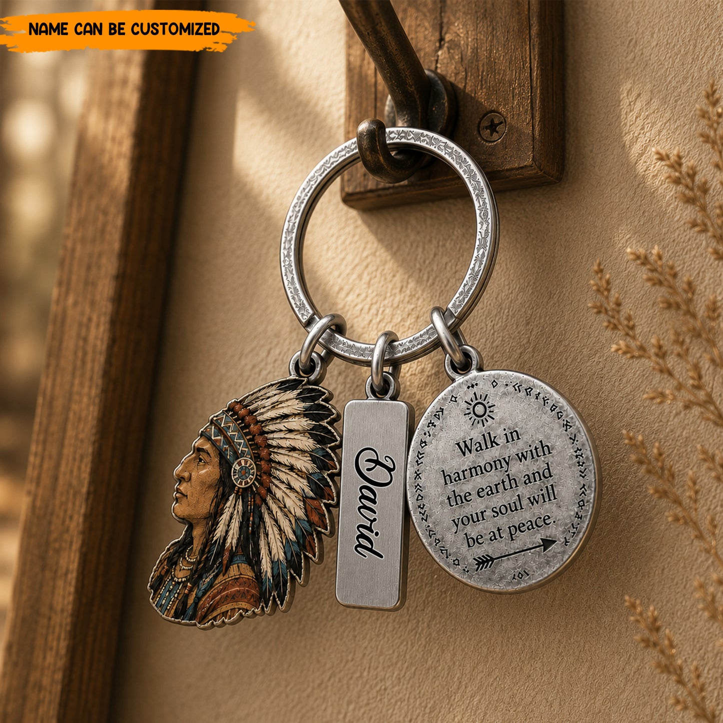 Personalized Native American Keychain, Custom Name Engraved Quote Keyring, Spiritual Chief Headdress Pendant Gift for Him