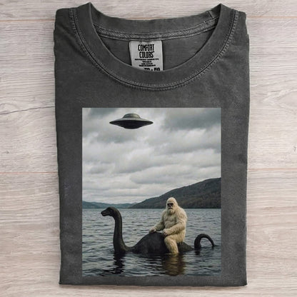 Bigfoot Rides Nessie – Legendary Lake Monster Shirt
