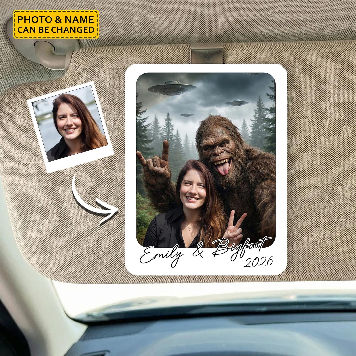 Personalized Bigfoot Photo Car Visor Clip – Funny Gift for Bigfoot Lovers
