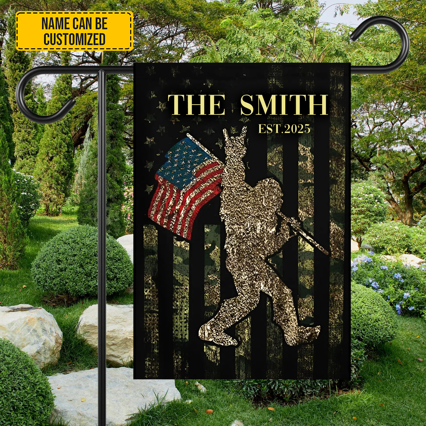 Patriotic Stride – Personalized Bigfoot Garden Flag, House Flag