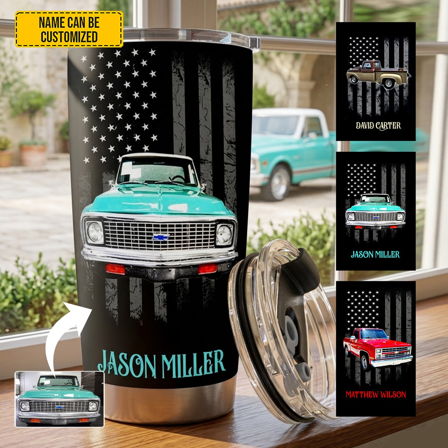 Personalized Classic Vehicle Tumbler – Vintage American Flag Gift