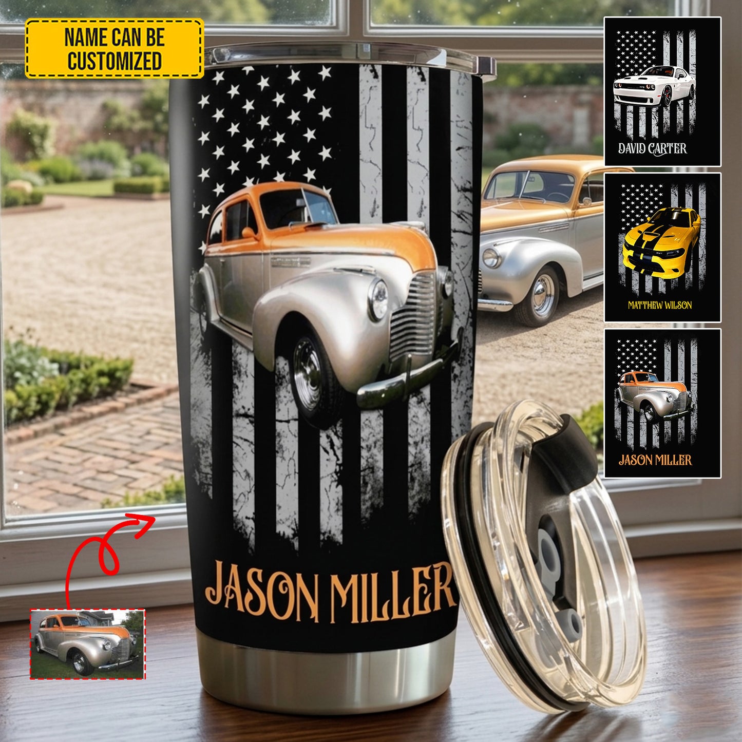 Personalized Classic Vehicle Tumbler – Vintage American Flag Gift