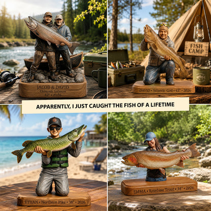 Custom Fishing Memory Carved Wooden Statue – Personalized Wooden Block