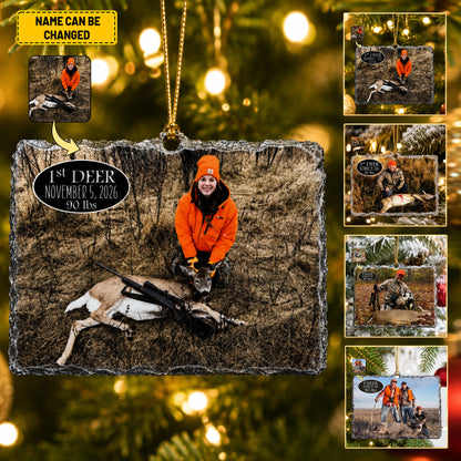 Custom First Deer Hunting Photo Ornament - Personalized Slate Stone Christmas Tree Decoration