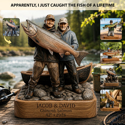 Custom Fishing Memory Carved Wooden Statue – Personalized Wooden Block