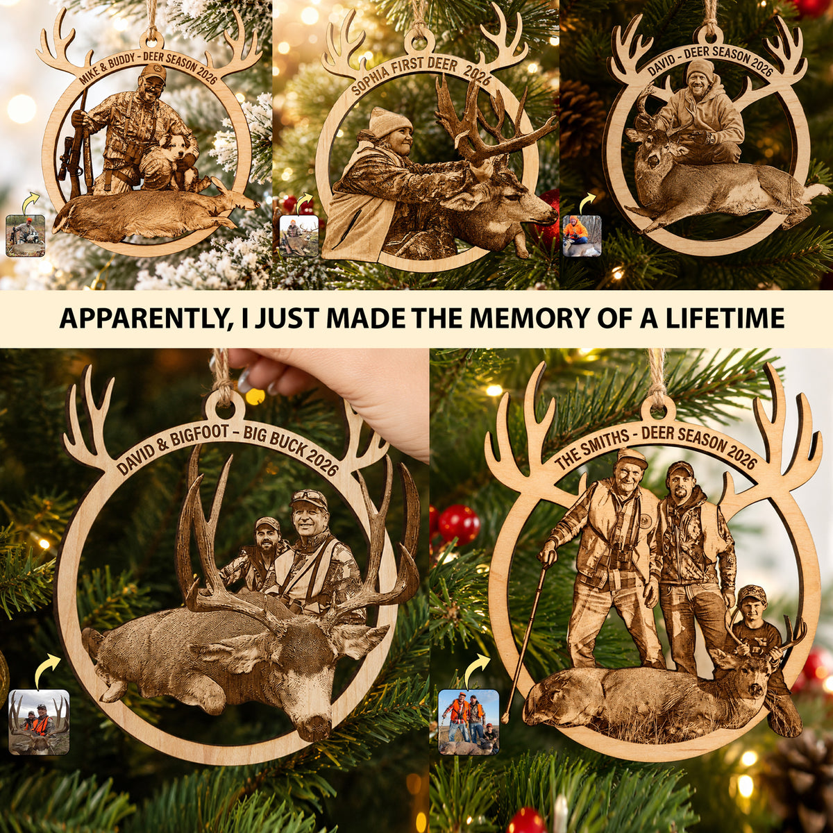 Personalized Hunting Photo Ornament - Custom Wooden Antler Christmas Keepsake