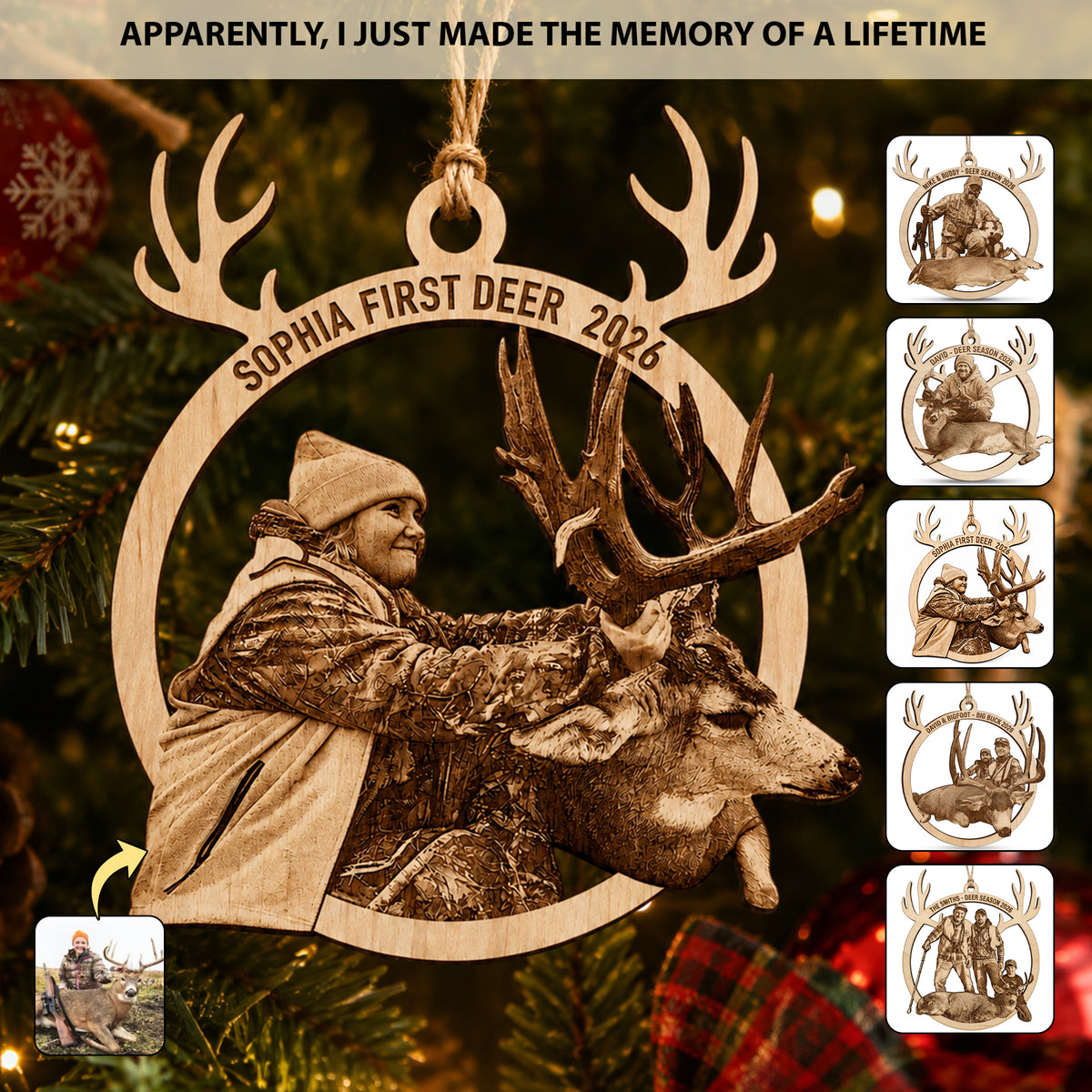 Personalized Hunting Photo Ornament - Custom Wooden Antler Christmas Keepsake