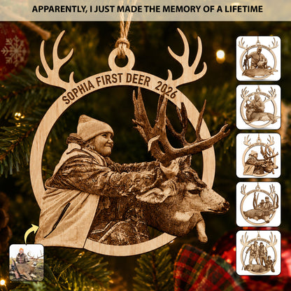 Personalized Hunting Photo Ornament - Custom Wooden Antler Christmas Keepsake