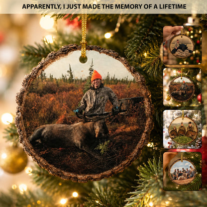 Custom Hunting Photo Wood Slice Christmas Ornament, Personalized Hunter Memory Tree Hanging Ornament