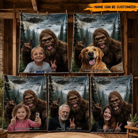 Personalized Bigfoot Saw Me Photo Blanket, Funny Personalized Gift for Bigfoot Lover