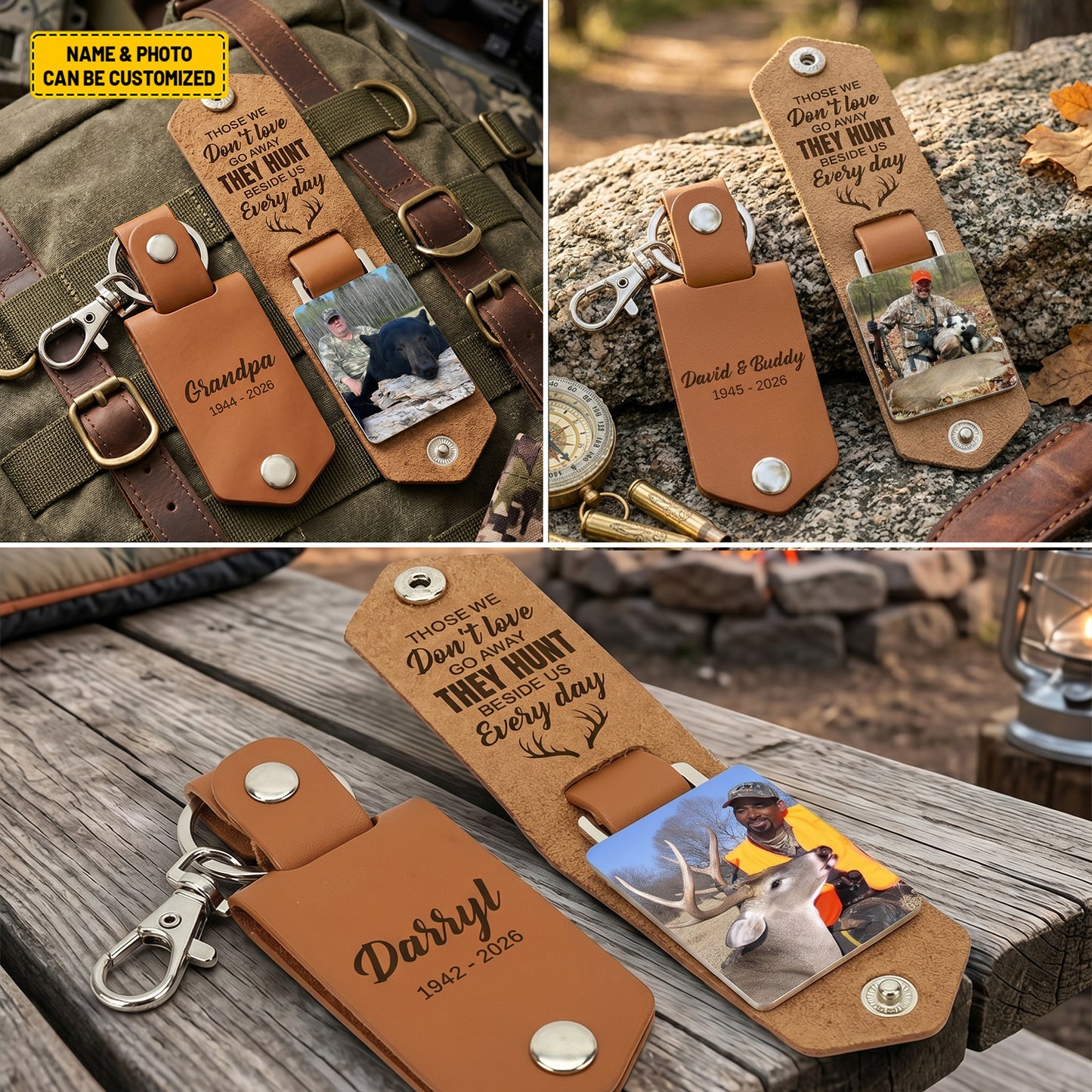 Personalized Leather Memorial Hunting Keychain with Custom Photo & Name