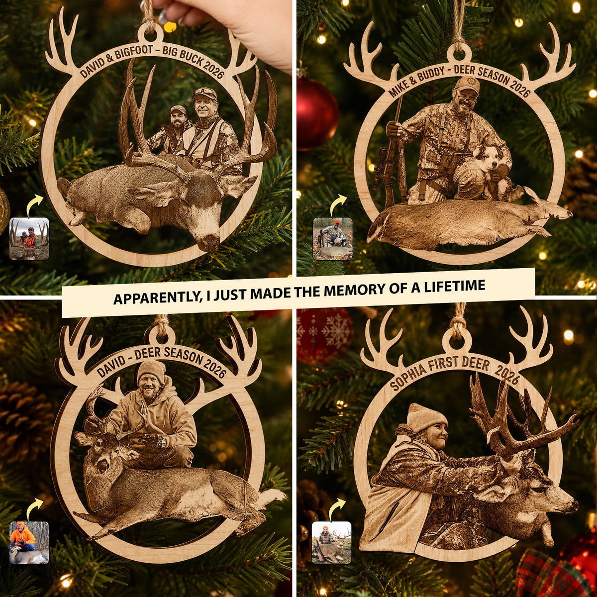 Personalized Hunting Photo Ornament - Custom Wooden Antler Christmas Keepsake