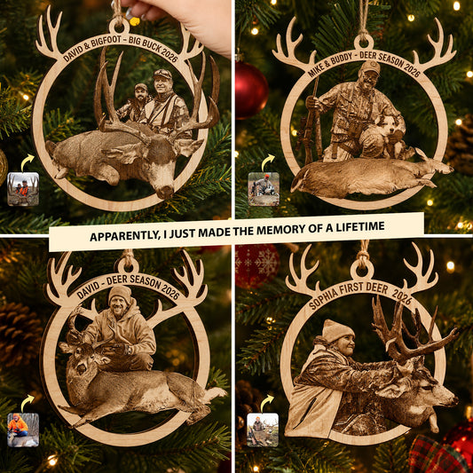 Personalized Hunting Photo Ornament - Custom Wooden Antler Christmas Keepsake