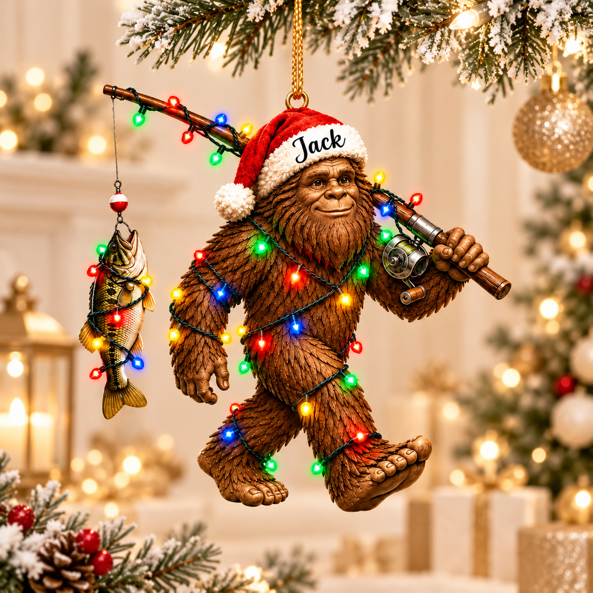 Personalized Bigfoot Fishing Christmas Ornament, Custom Sasquatch Ornament, Funny Bigfoot Gift