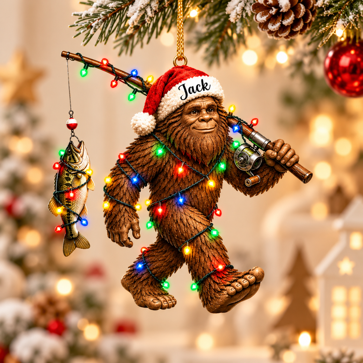 Personalized Bigfoot Fishing Christmas Ornament, Custom Sasquatch Ornament, Funny Bigfoot Gift