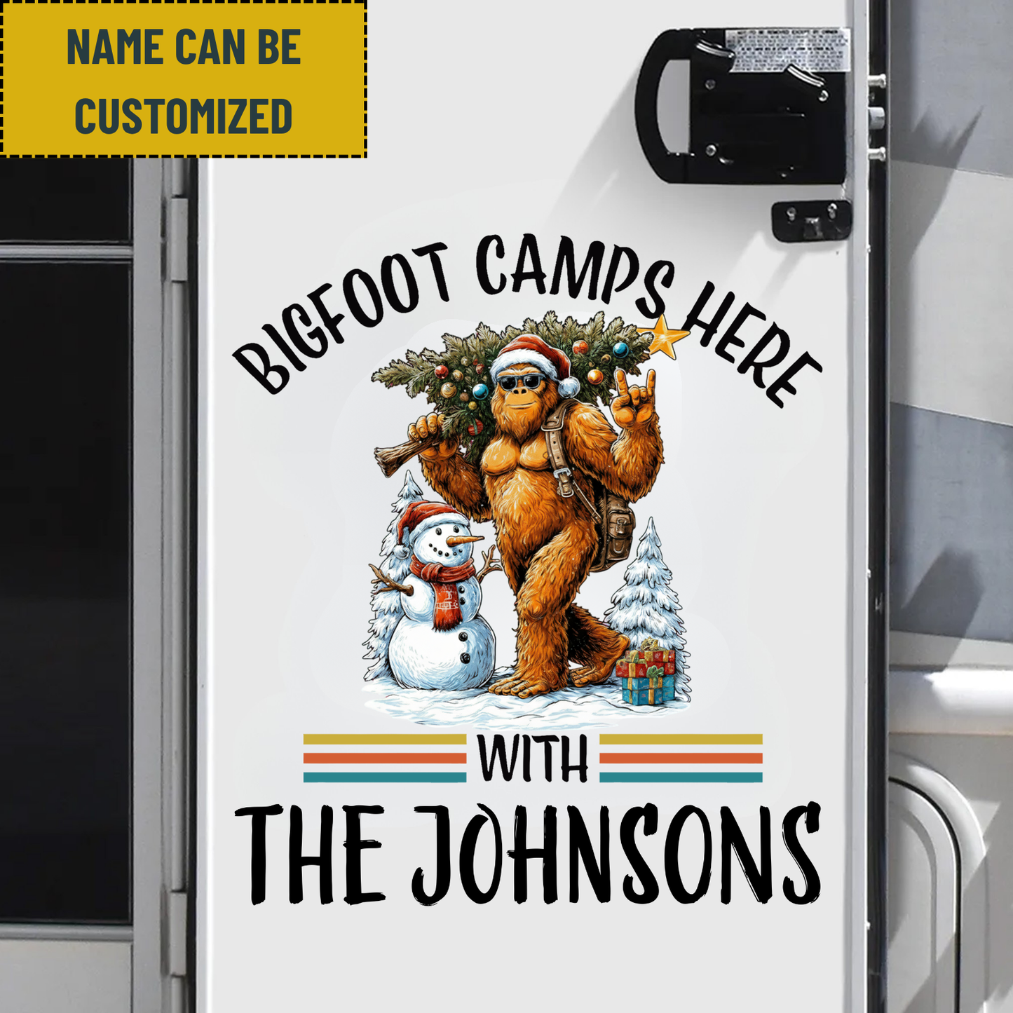 Bigfoot Camp Here Merry Christmas With Family - Personalized Name Bigfoot Decor Decal