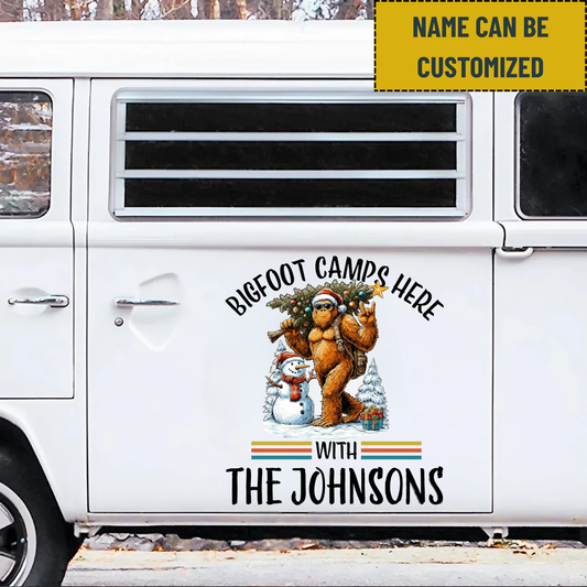 Bigfoot Camp Here Merry Christmas With Family - Personalized Name Bigfoot Decor Decal
