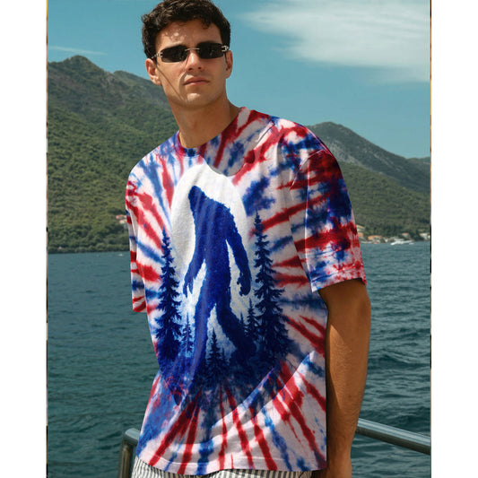 BIGFOOT IN THE FOREST RED WHITE & BLUE SWIRL ALL OVER PRINT SHIRT