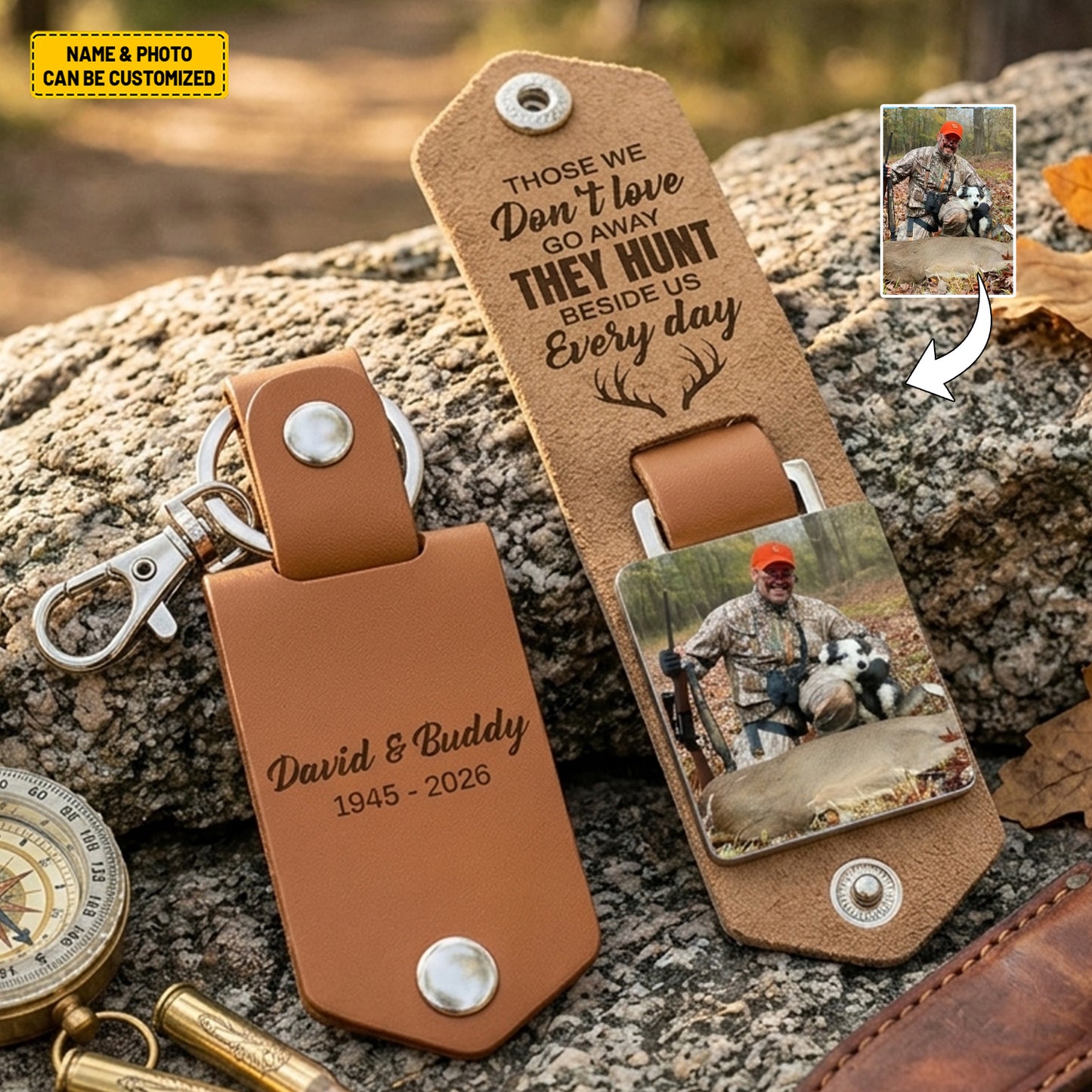 Personalized Leather Memorial Hunting Keychain with Custom Photo & Name