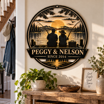 Personalized Fishing Couple Metal Sign – Custom Names & Year, Anniversary & Wedding Gift for Couples