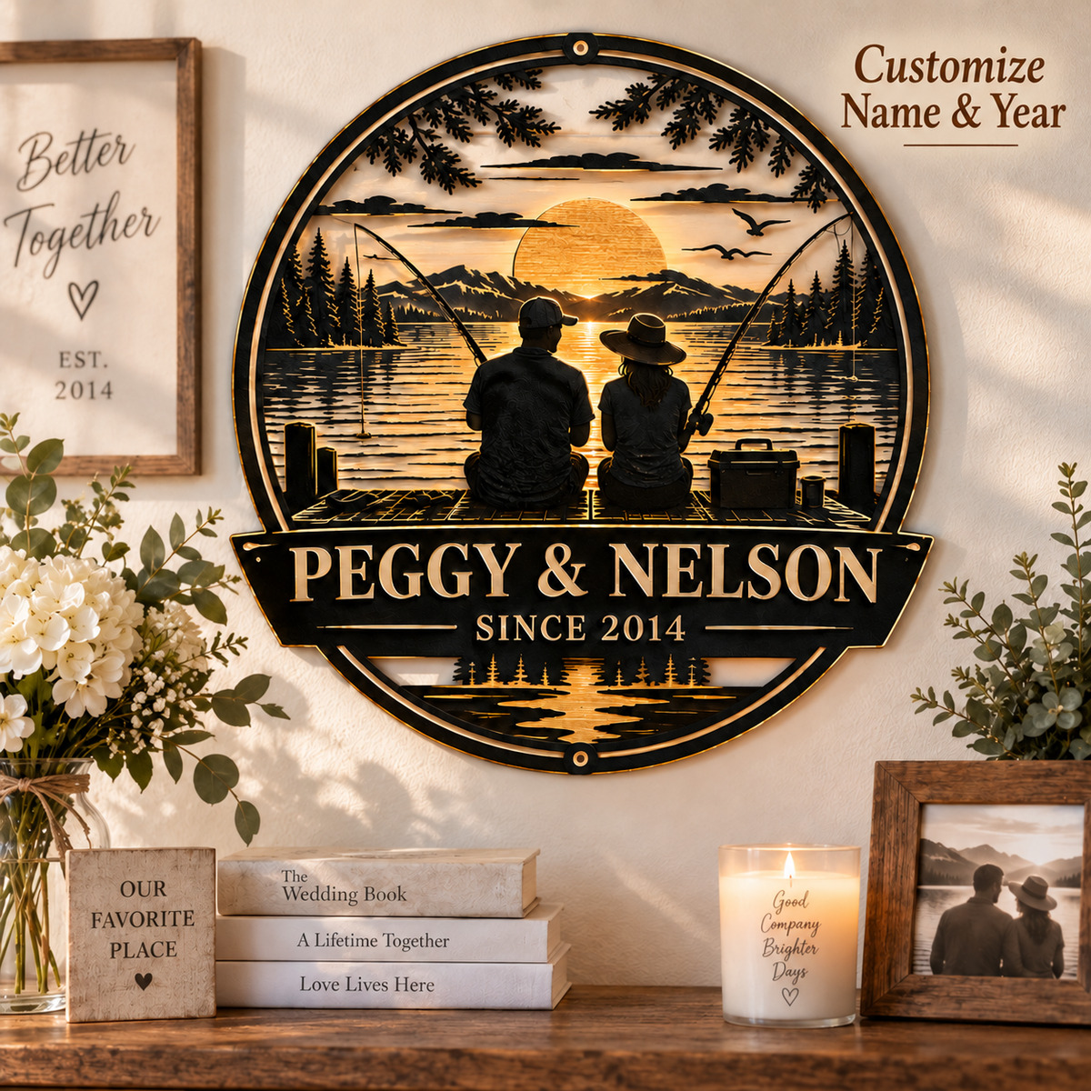 Personalized Fishing Couple Metal Sign – Custom Names & Year, Anniversary & Wedding Gift for Couples