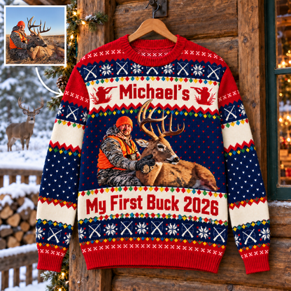 My First Buck Memories – Personalized Hunting Photo Ugly Christmas Sweater