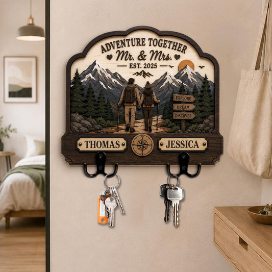 Personalized Adventure Together Couples Key Holder for Wall, Custom Name & Est Date Wooden Key Rack