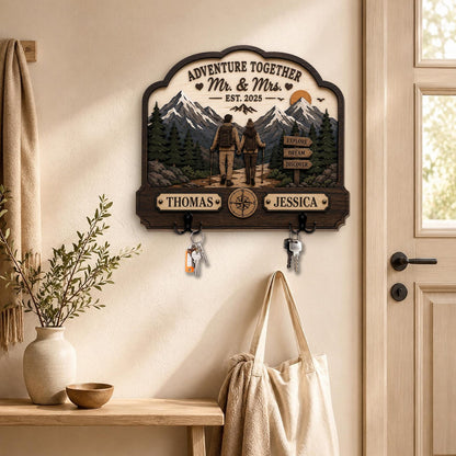 Personalized Adventure Together Couples Key Holder for Wall, Custom Name & Est Date Wooden Key Rack