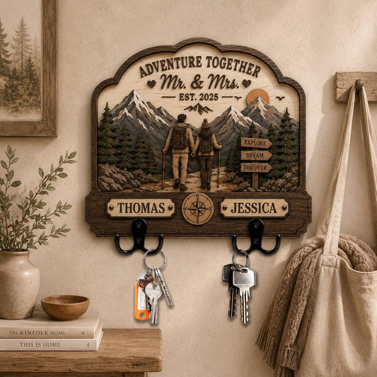 Personalized Adventure Together Couples Key Holder for Wall, Custom Name & Est Date Wooden Key Rack