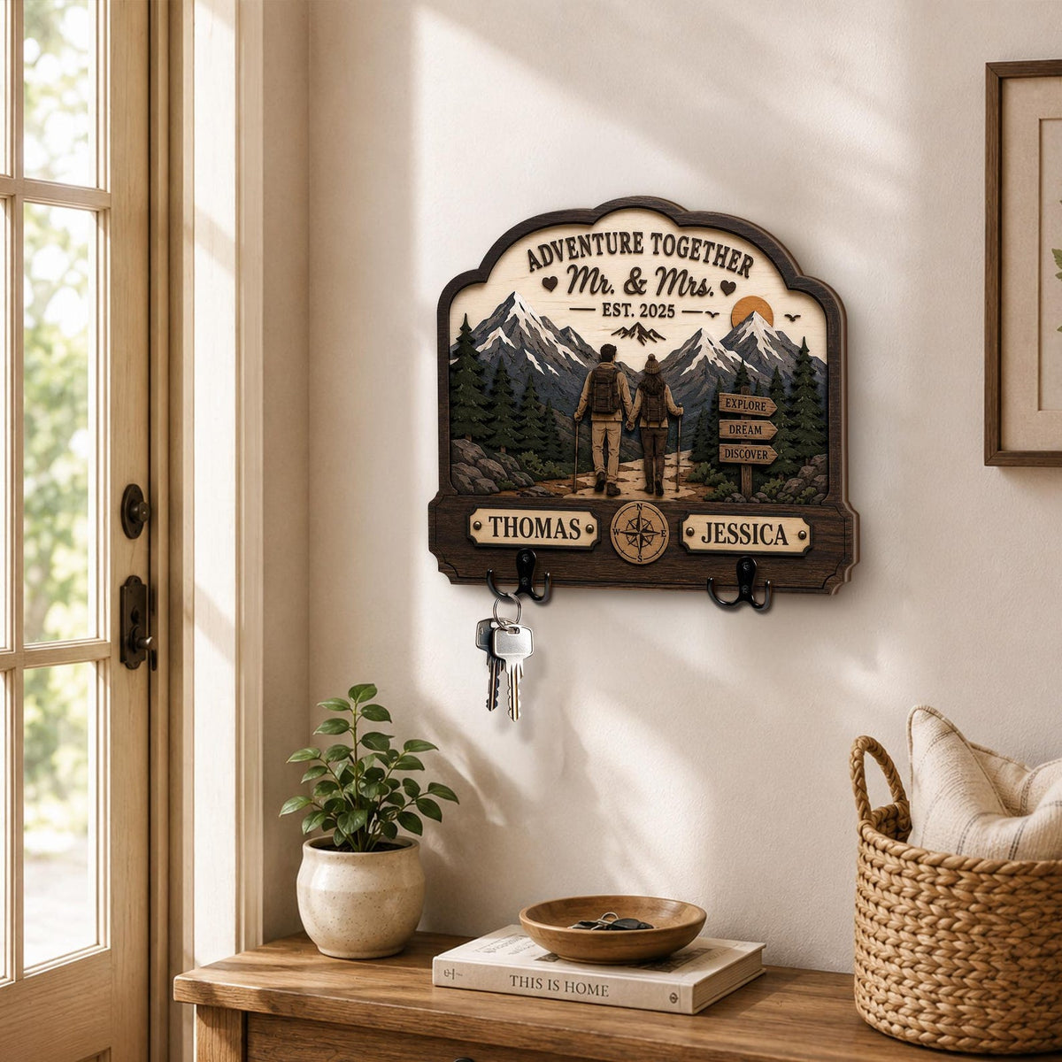 Personalized Adventure Together Couples Key Holder for Wall, Custom Name & Est Date Wooden Key Rack