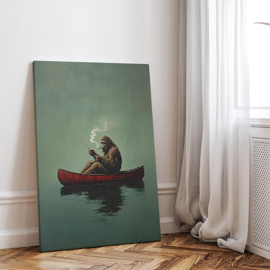 Bigfoot On A Red Canoe Fishing Retro Art Canvas